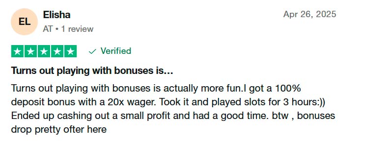 5-star Trustpilot review of OnlyWin Casino bonuses