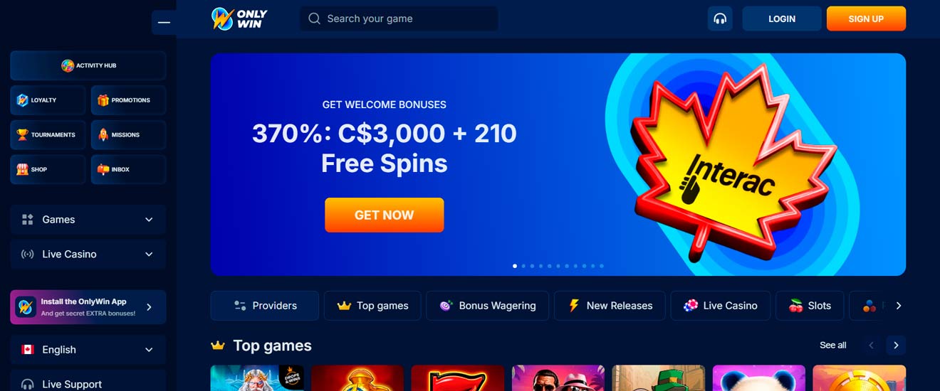 OnlyWin casino app promotion welcome bonus