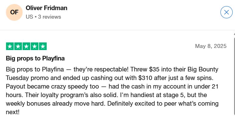 Player review of Playfina casino with $310 win